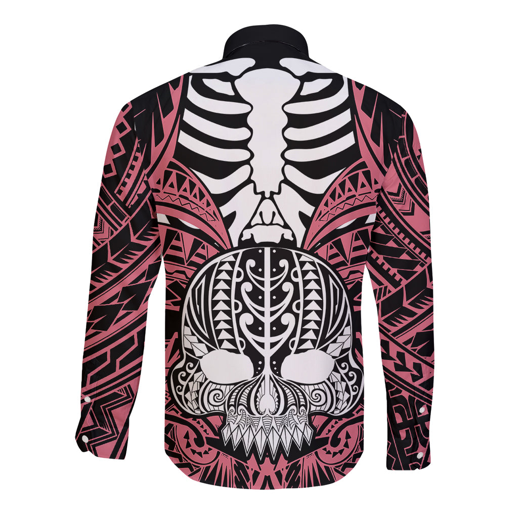 Pink long-sleeve button shirt with back black/white skull and tusk graphic