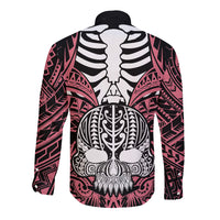 Pink long-sleeve button shirt with back black/white skull and tusk graphic