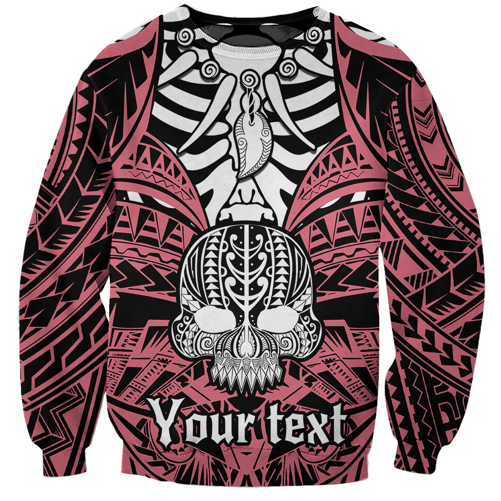 Pink unisex skull sweatshirt with black boar-tusk graphic and tribal sleeve patterns
