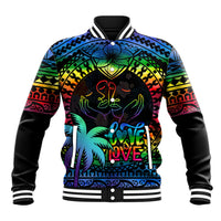 Unisex black baseball jacket with multicolor tapa pattern, rainbow graphics, ribbed collar