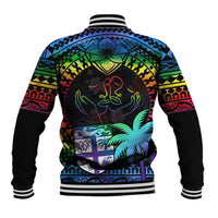 Unisex black baseball jacket with multicolor back print, ribbed striped collar and cuffs