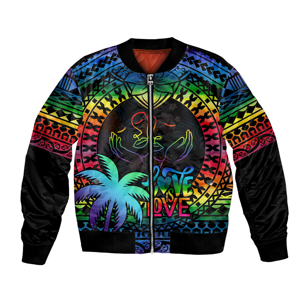 Fiji LGBT Bomber Jacket Love Is Love Tapa Pattern Rainbow Water Color LT9 - Wonder Print Shop