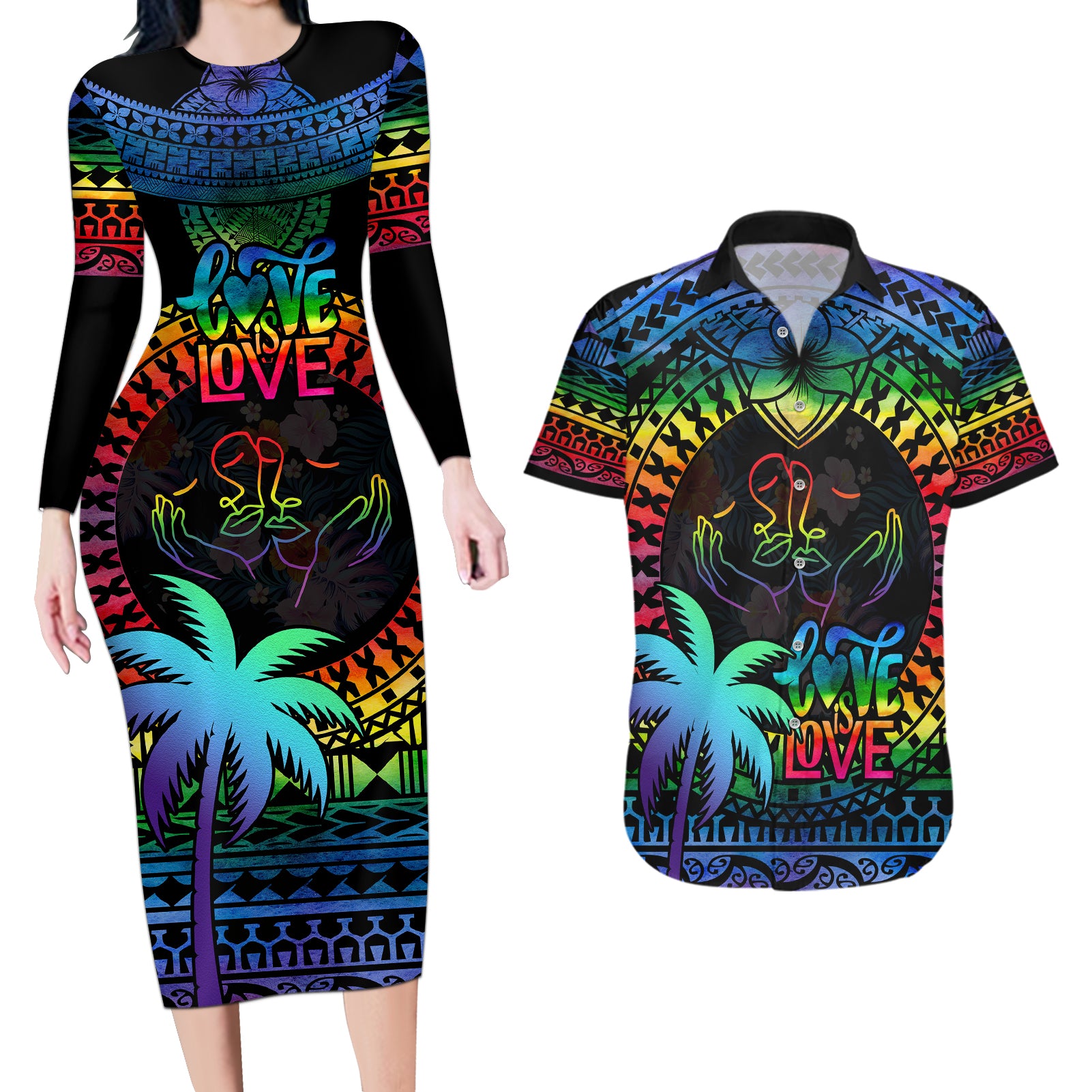 Fiji LGBT Couples Matching Long Sleeve Bodycon Dress and Hawaiian Shirt Love Is Love Tapa Pattern Rainbow Water Color LT9 - Wonder Print Shop