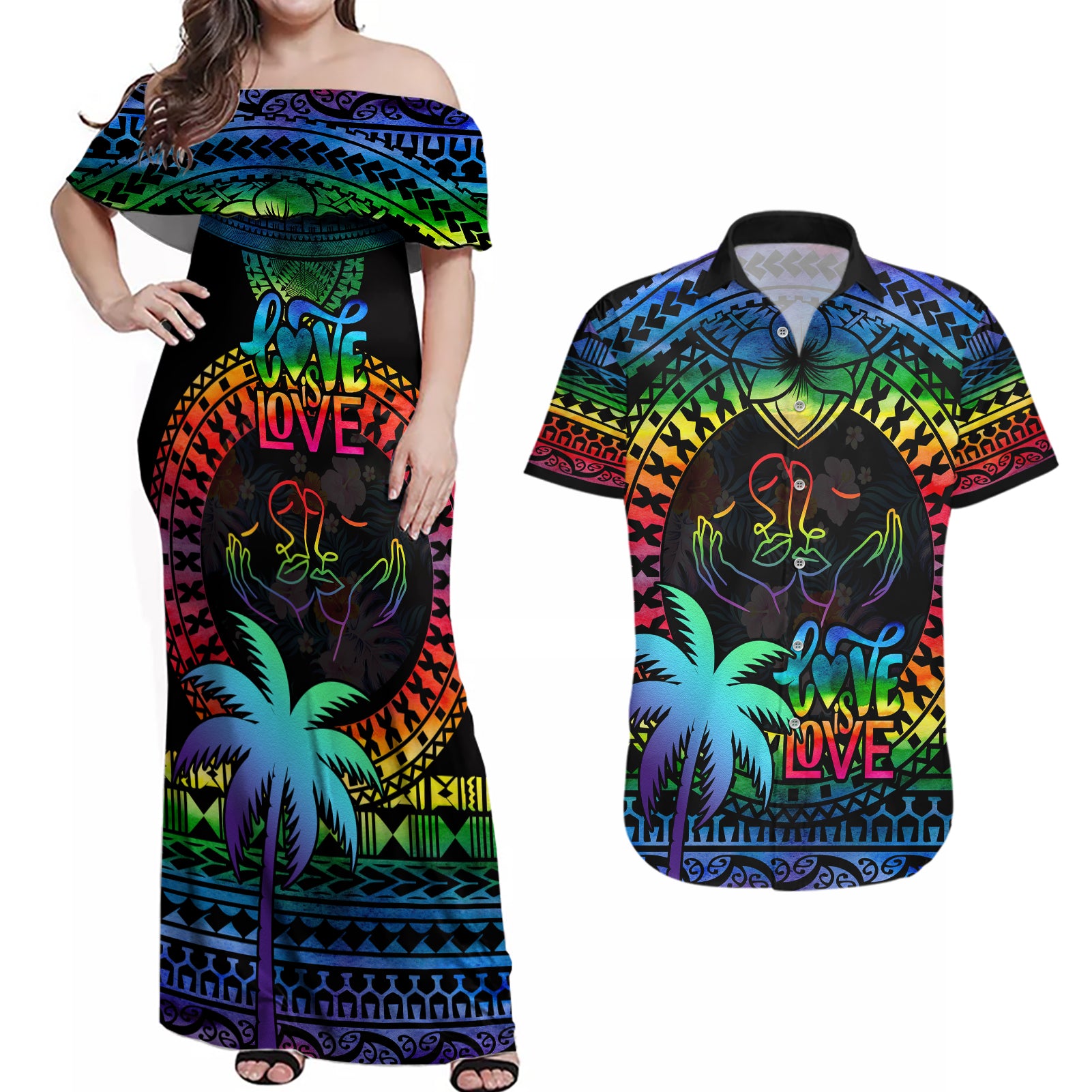 Fiji LGBT Couples Matching Off Shoulder Maxi Dress and Hawaiian Shirt Love Is Love Tapa Pattern Rainbow Water Color LT9 - Wonder Print Shop