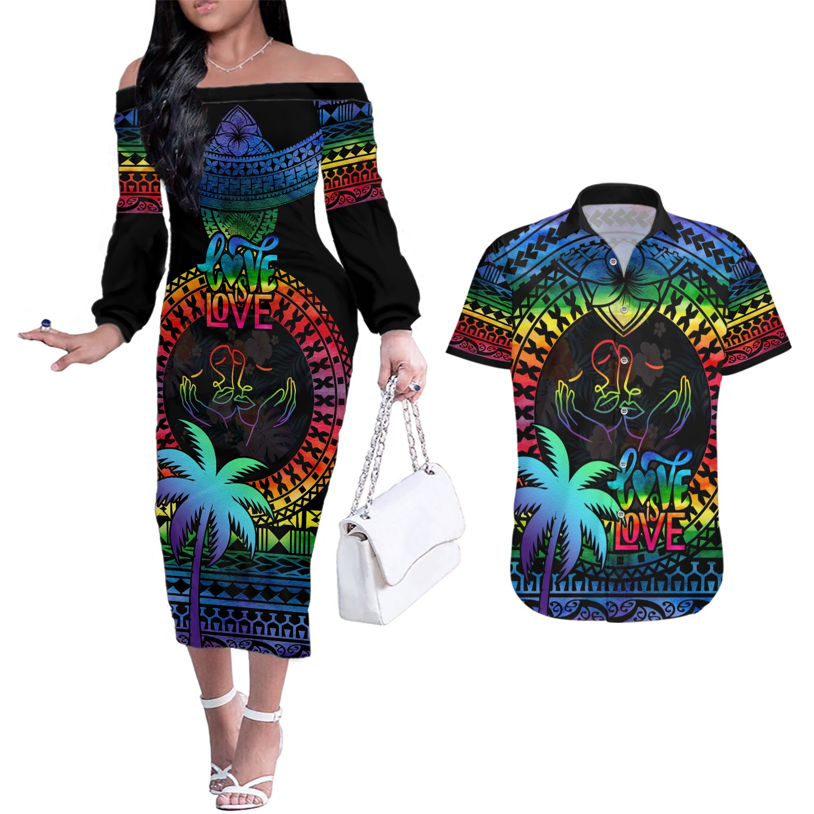 Fiji LGBT Couples Matching Off The Shoulder Long Sleeve Dress and Hawaiian Shirt Love Is Love Tapa Pattern Rainbow Water Color LT9 - Wonder Print Shop