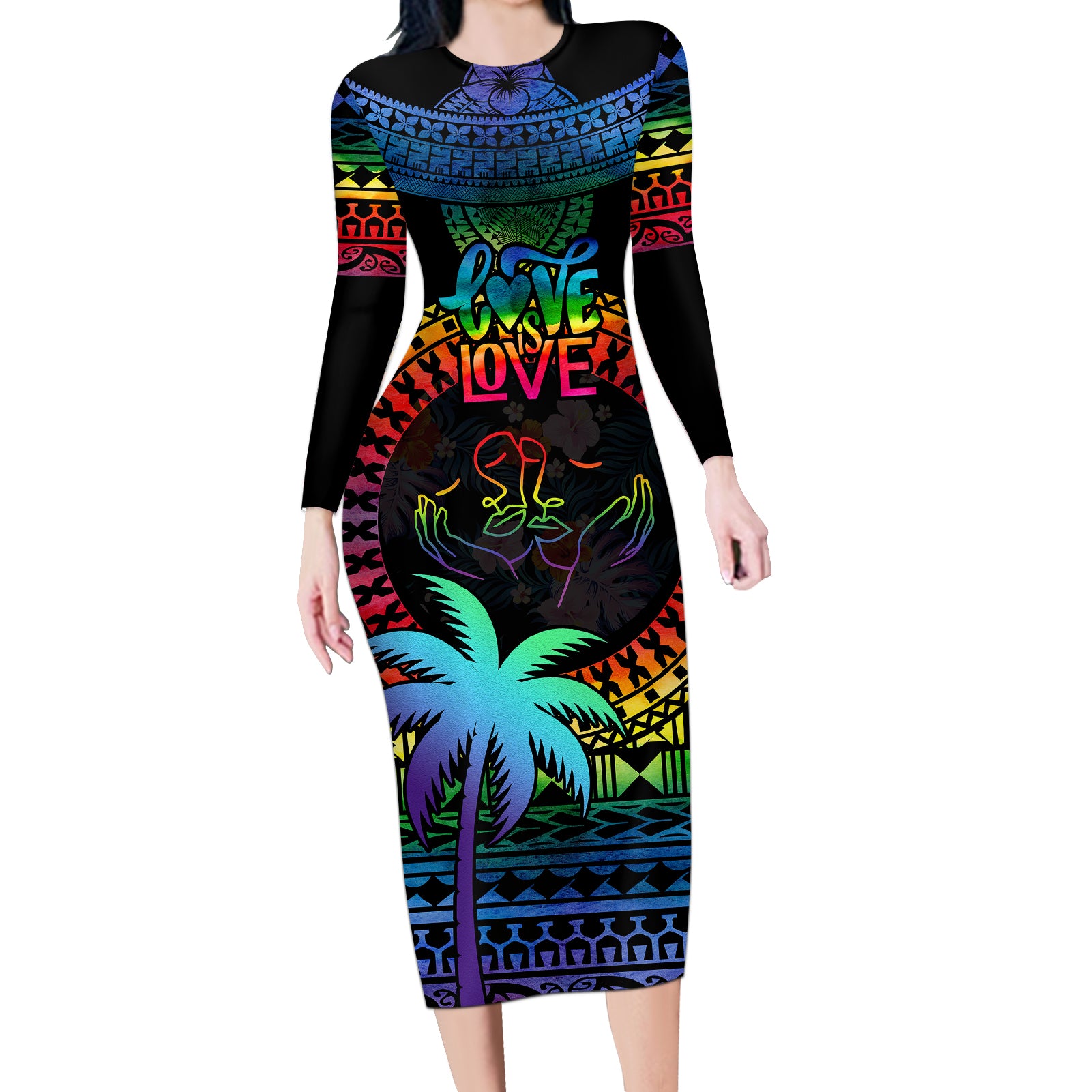 Fiji LGBT Long Sleeve Bodycon Dress Love Is Love Tapa Pattern Rainbow Water Color - Wonder Print Shop