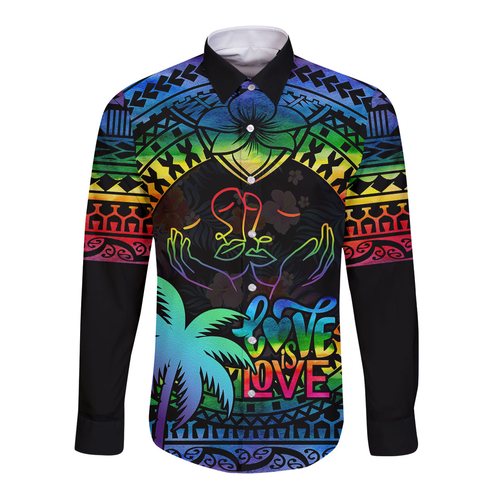Black long sleeve button shirt with colorful tapa pattern, neon love text and palm graphic