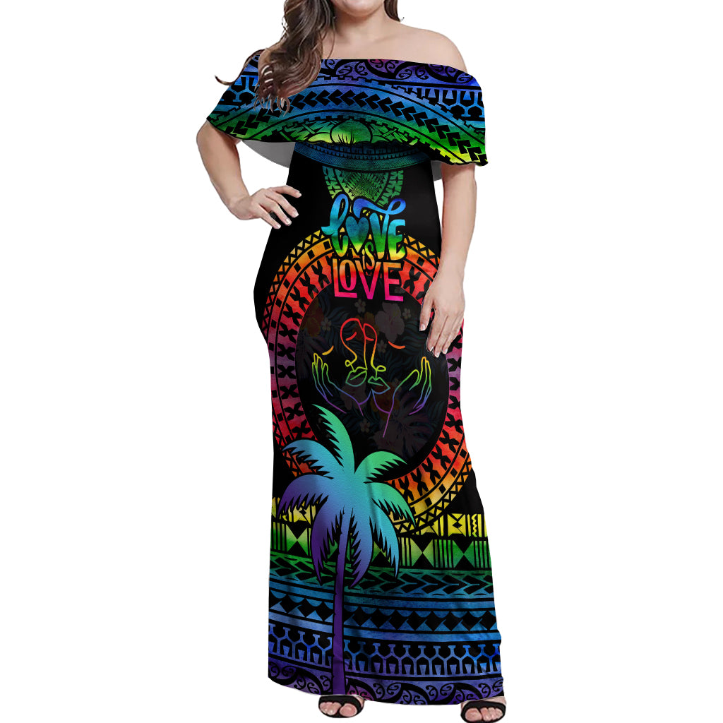 Fiji LGBT Off Shoulder Maxi Dress Love Is Love Tapa Pattern Rainbow Water Color - Wonder Print Shop