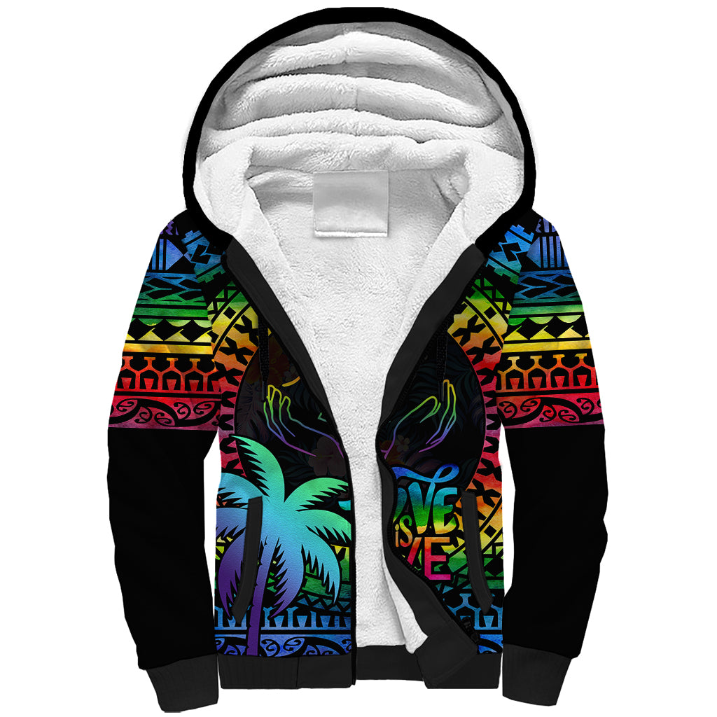 Fiji LGBT Sherpa Hoodie Love Is Love Tapa Pattern Rainbow Water Color - Wonder Print Shop