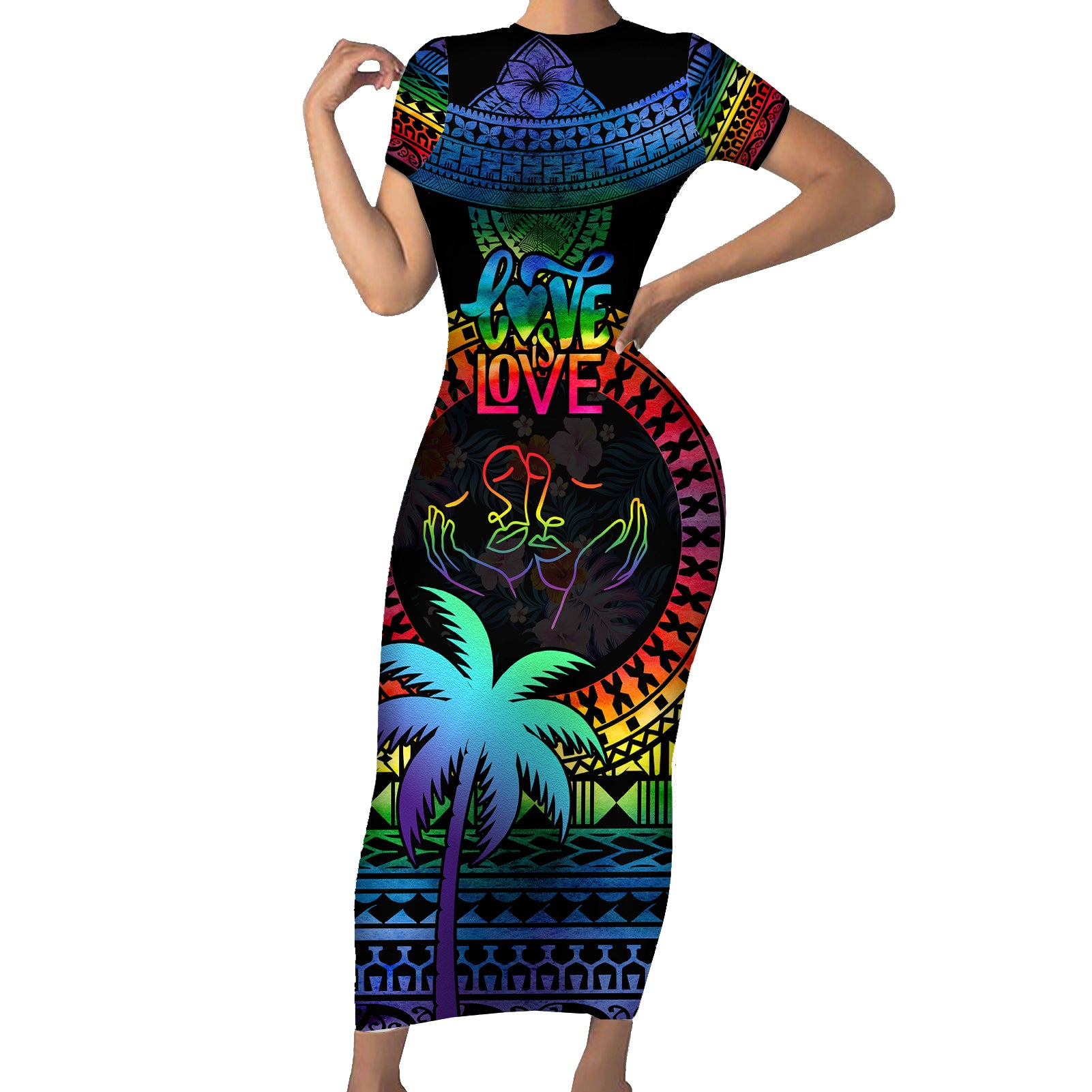 Fiji LGBT Short Sleeve Bodycon Dress Love Is Love Tapa Pattern Rainbow Water Color - Wonder Print Shop