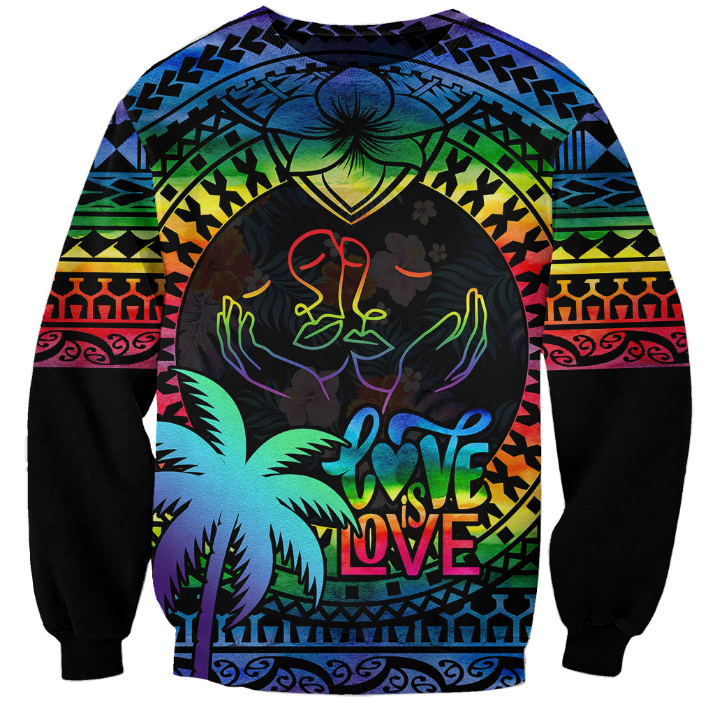 Unisex black sweatshirt with colorful tapa pattern and neon heart with LOVE IS LOVE text