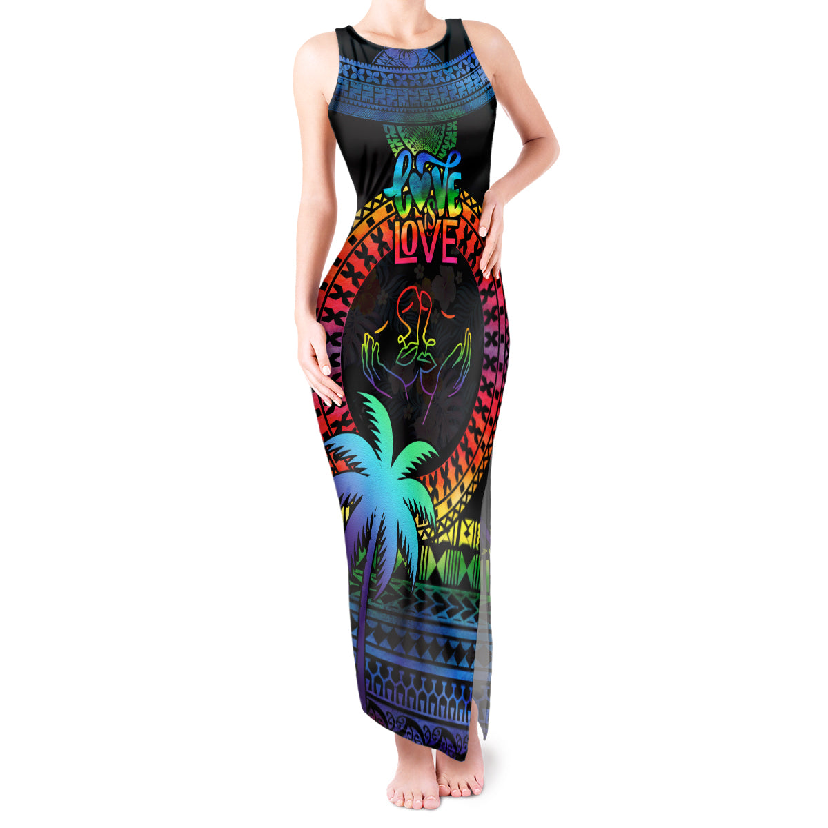 Fiji LGBT Tank Maxi Dress Love Is Love Tapa Pattern Rainbow Water Color - Wonder Print Shop