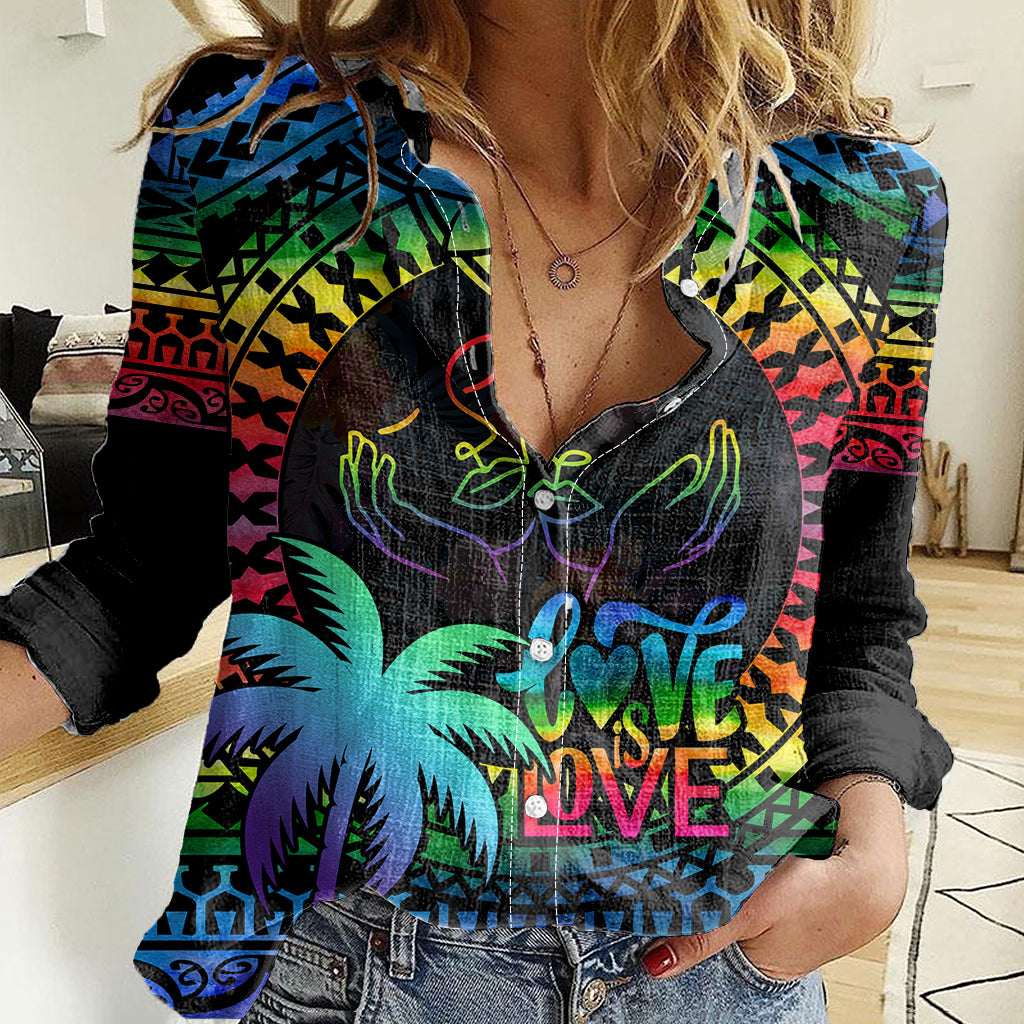 Fiji LGBT Women Casual Shirt Love Is Love Tapa Pattern Rainbow Water Color - Wonder Print Shop