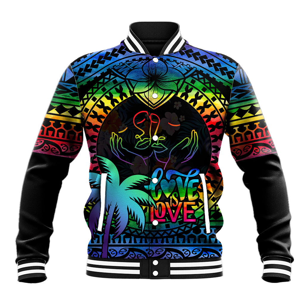 Personalised Fiji LGBT Baseball Jacket Love Is Love Tapa Pattern Rainbow Water Color LT9 - Wonder Print Shop