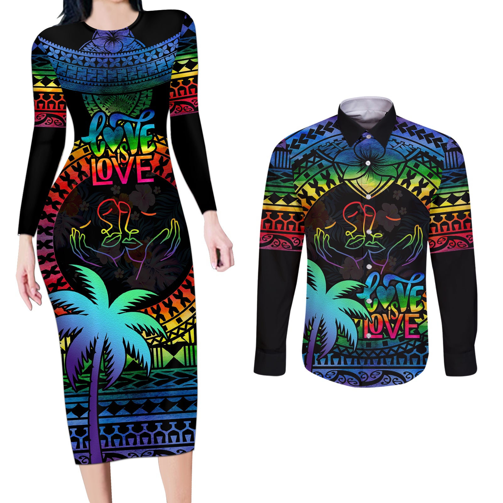 Personalised Fiji LGBT Couples Matching Long Sleeve Bodycon Dress and Long Sleeve Button Shirts Love Is Love Tapa Pattern Rainbow Water Color LT9 - Wonder Print Shop