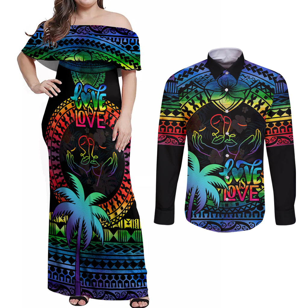 Personalised Fiji LGBT Couples Matching Off Shoulder Maxi Dress and Long Sleeve Button Shirts Love Is Love Tapa Pattern Rainbow Water Color LT9 - Wonder Print Shop