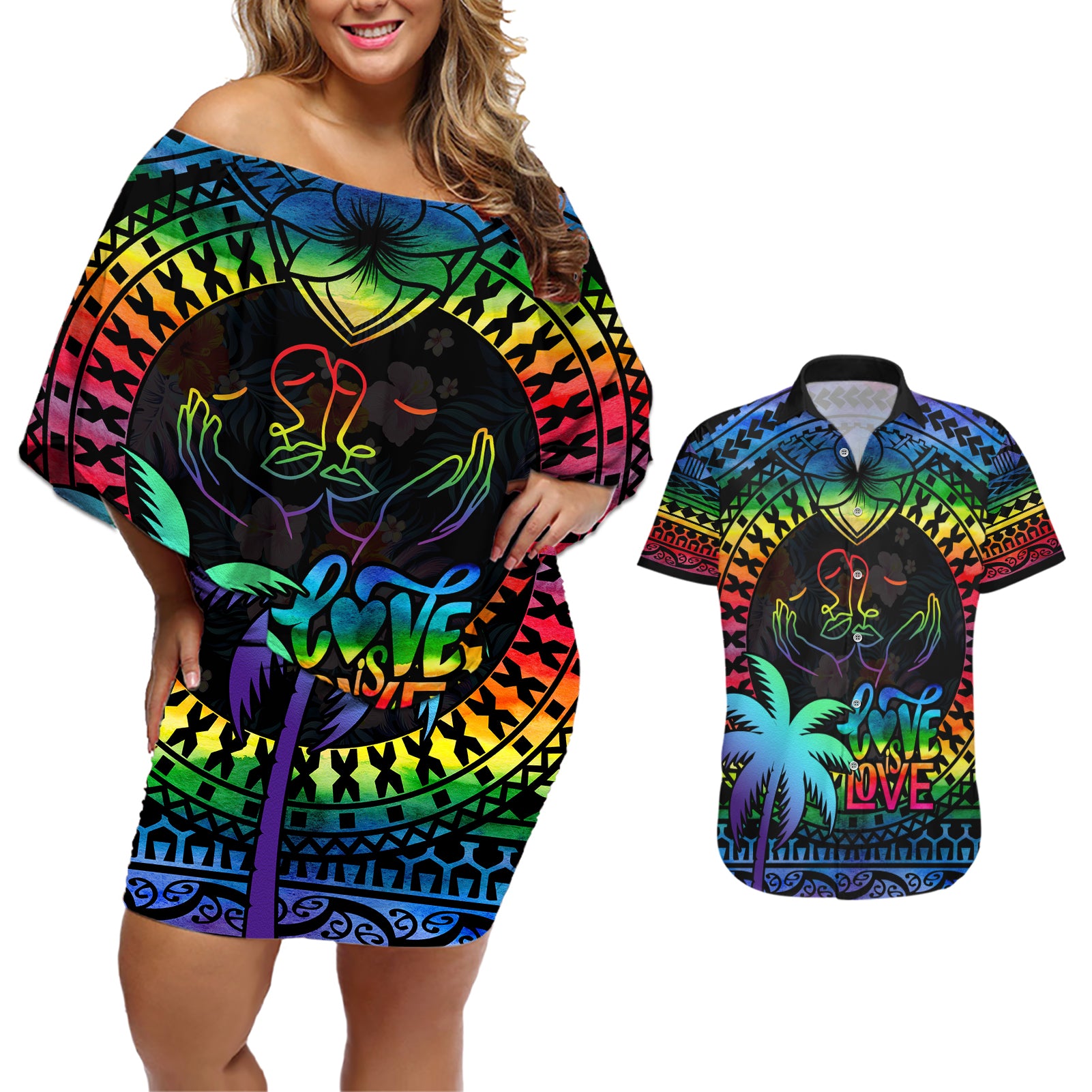 Personalised Fiji LGBT Couples Matching Off Shoulder Short Dress and Hawaiian Shirt Love Is Love Tapa Pattern Rainbow Water Color LT9 - Wonder Print Shop