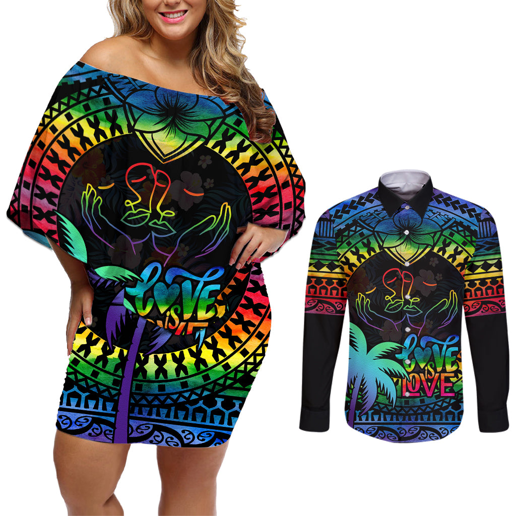 Personalised Fiji LGBT Couples Matching Off Shoulder Short Dress and Long Sleeve Button Shirts Love Is Love Tapa Pattern Rainbow Water Color LT9 - Wonder Print Shop