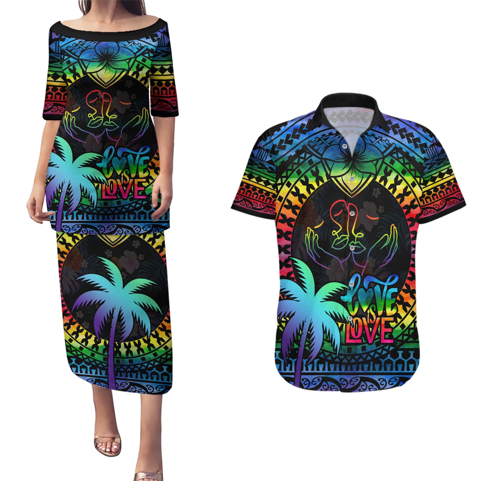 Personalised Fiji LGBT Couples Matching Puletasi Dress and Hawaiian Shirt Love Is Love Tapa Pattern Rainbow Water Color LT9 - Wonder Print Shop