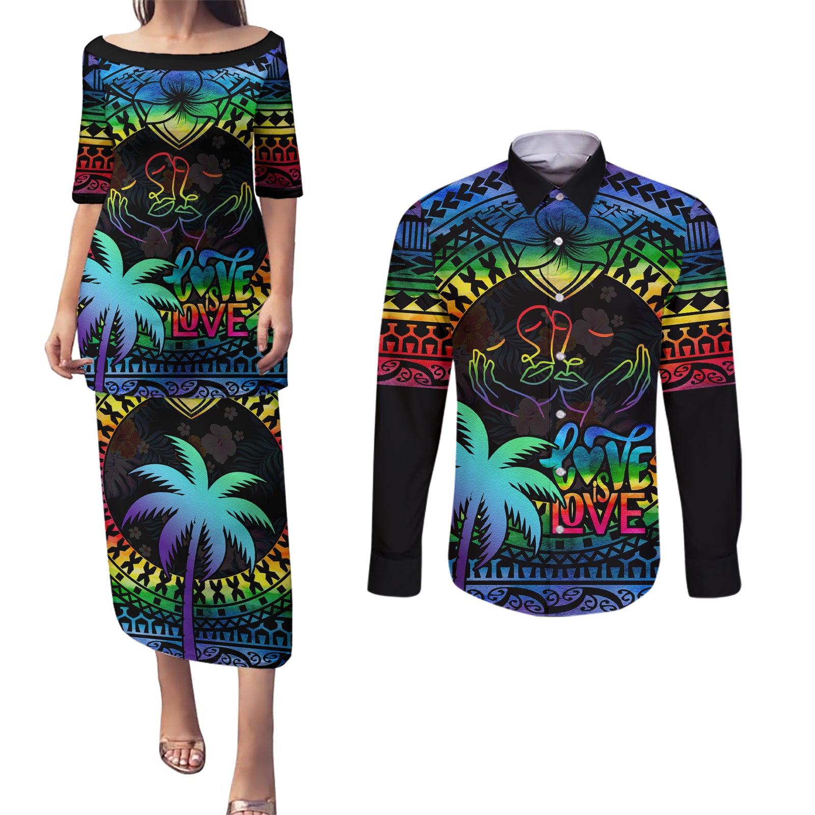 Personalised Fiji LGBT Couples Matching Puletasi Dress and Long Sleeve Button Shirts Love Is Love Tapa Pattern Rainbow Water Color LT9 - Wonder Print Shop