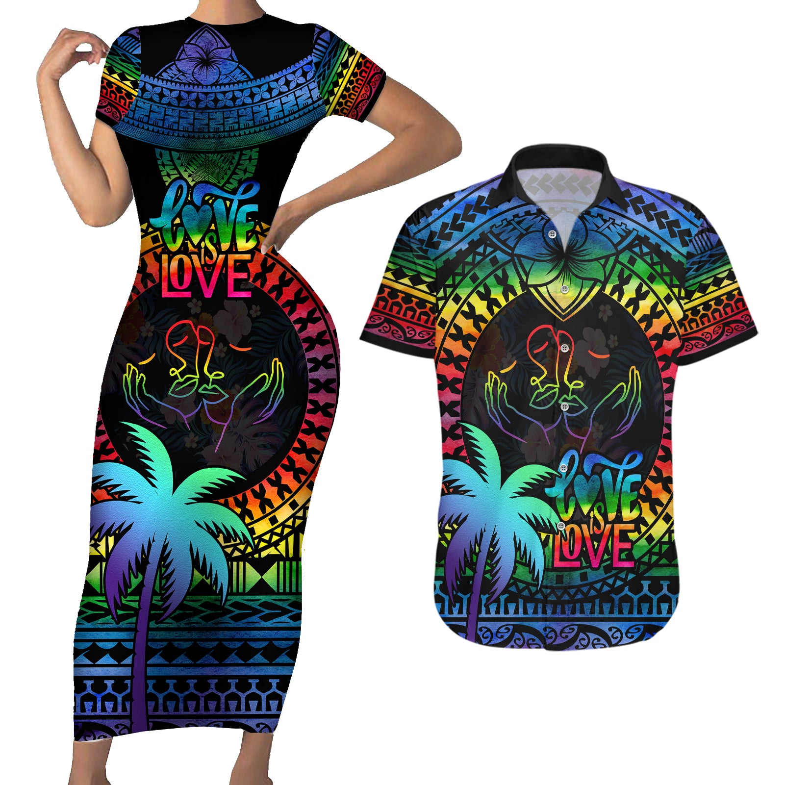 Personalised Fiji LGBT Couples Matching Short Sleeve Bodycon Dress and Hawaiian Shirt Love Is Love Tapa Pattern Rainbow Water Color LT9 - Wonder Print Shop