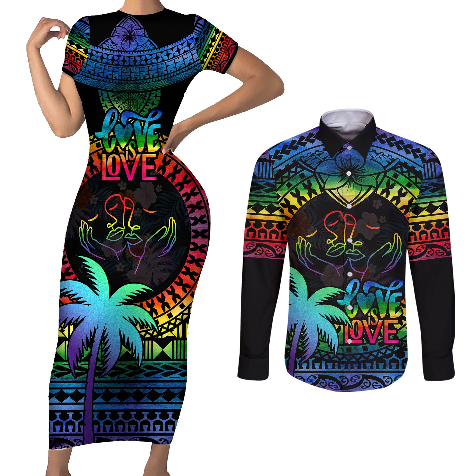 Personalised Fiji LGBT Couples Matching Short Sleeve Bodycon Dress and Long Sleeve Button Shirts Love Is Love Tapa Pattern Rainbow Water Color LT9 - Wonder Print Shop