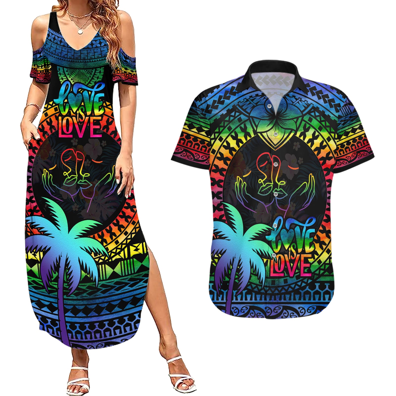 Personalised Fiji LGBT Couples Matching Summer Maxi Dress and Hawaiian Shirt Love Is Love Tapa Pattern Rainbow Water Color LT9 - Wonder Print Shop