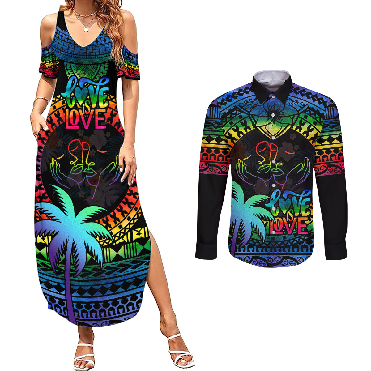 Personalised Fiji LGBT Couples Matching Summer Maxi Dress and Long Sleeve Button Shirts Love Is Love Tapa Pattern Rainbow Water Color LT9 - Wonder Print Shop