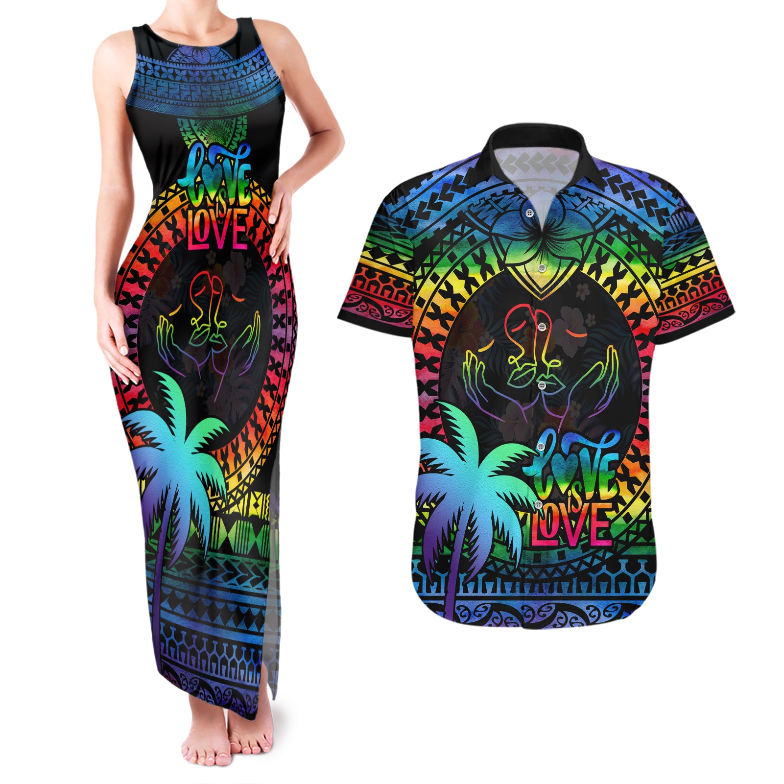 Personalised Fiji LGBT Couples Matching Tank Maxi Dress and Hawaiian Shirt Love Is Love Tapa Pattern Rainbow Water Color LT9 - Wonder Print Shop