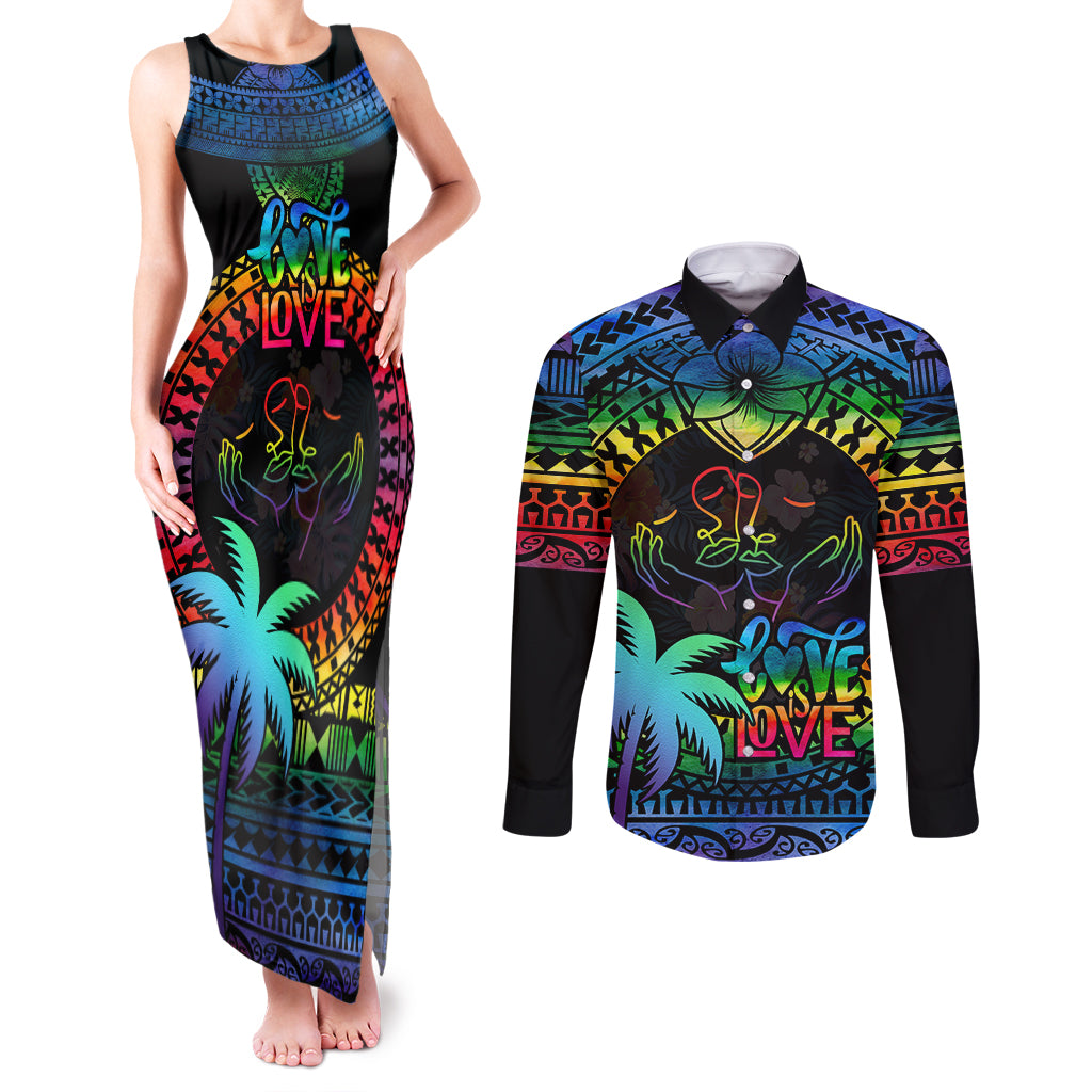 Personalised Fiji LGBT Couples Matching Tank Maxi Dress and Long Sleeve Button Shirts Love Is Love Tapa Pattern Rainbow Water Color LT9 - Wonder Print Shop