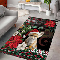 Black holiday area rug featuring fennec fox in Santa hat, red poinsettias, geometric trim