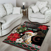 Black holiday area rug with fennec fox, poinsettias, “YOUR TEXT,” and patterned border