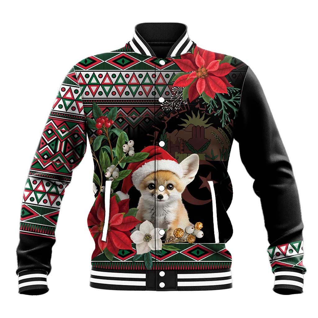 Black varsity jacket with red poinsettia and geometric sleeve pattern, fennec fox Santa graphic