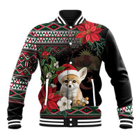 Black varsity jacket with red poinsettia and geometric sleeve pattern, fennec fox Santa graphic