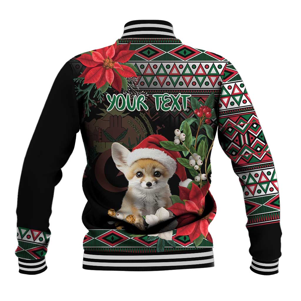 Black baseball jacket with striped ribbed collar, holiday fennec fox art, red/green trim
