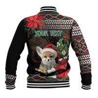 Black baseball jacket with striped ribbed collar, holiday fennec fox art, red/green trim