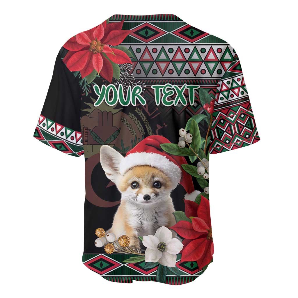 Black baseball jersey with poinsettias, geometric border, and “YOUR TEXT” on the back
