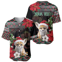 Set of two black baseball jerseys with poinsettias, geometric trim, and Santa-hat fox