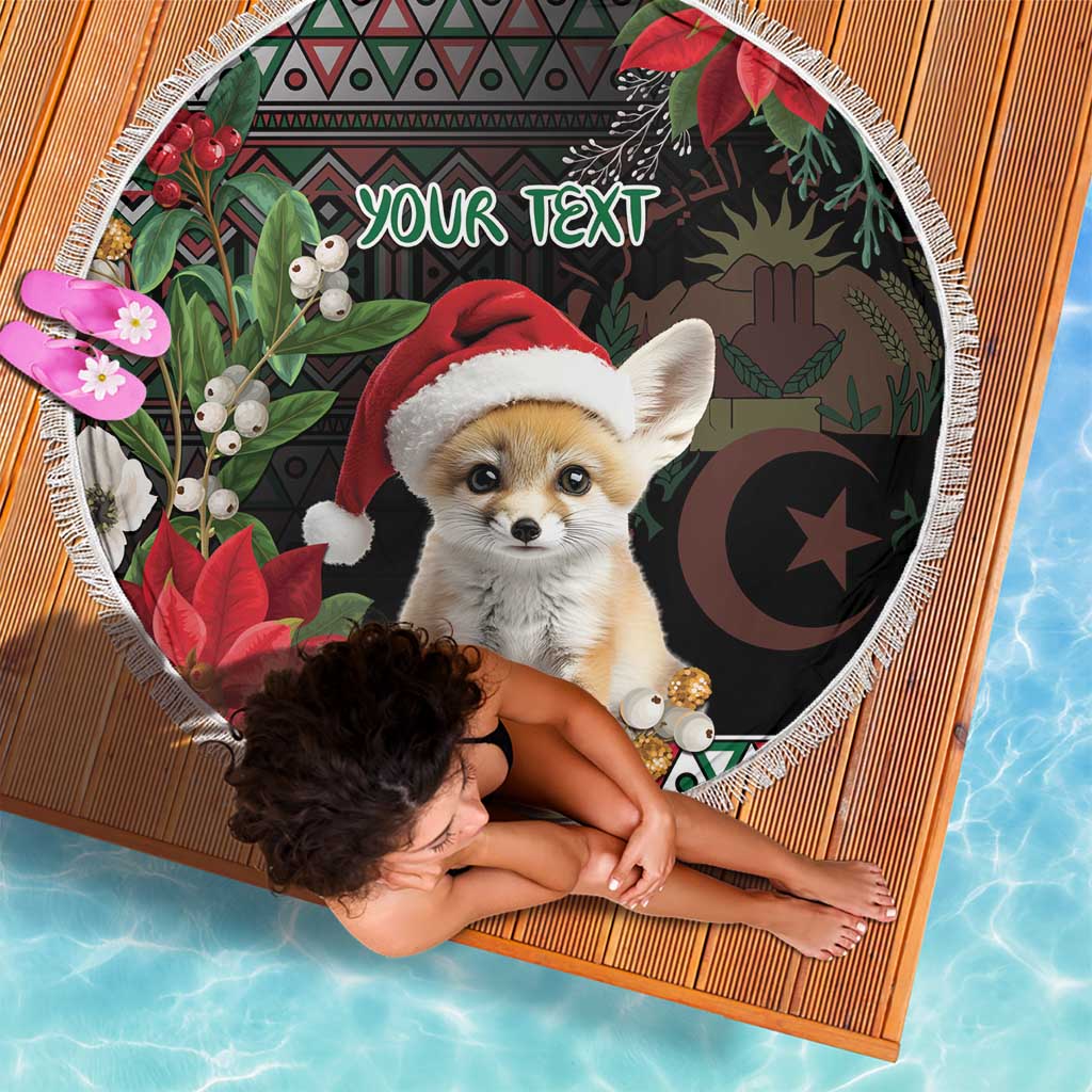 Round fringe black beach blanket laid flat, fennec fox in Santa hat and “YOUR TEXT”.