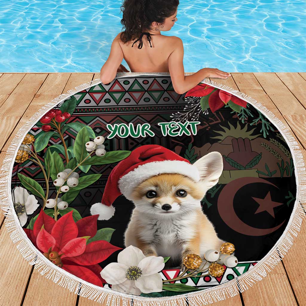 Round fringe black Christmas beach blanket with fennec fox Santa hat, holly, and “YOUR TEXT”.