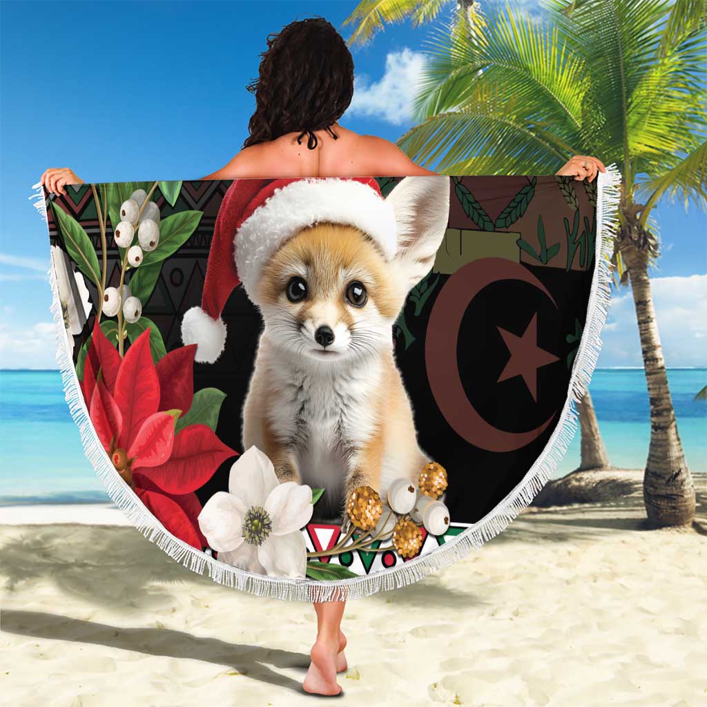 Round fringe black beach blanket held up, fennec fox in Santa hat and “YOUR TEXT”.
