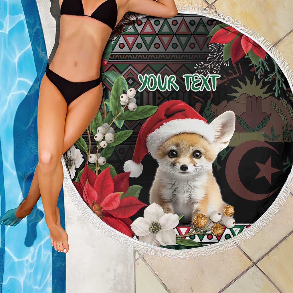 Round fringe black beach blanket draped over legs, fennec fox Santa hat and “YOUR TEXT”.