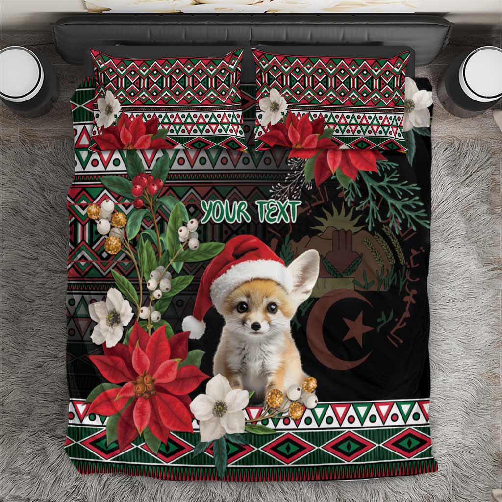 Black holiday bedding set with fennec Santa, poinsettias, moon icon, and matching geometric pillows