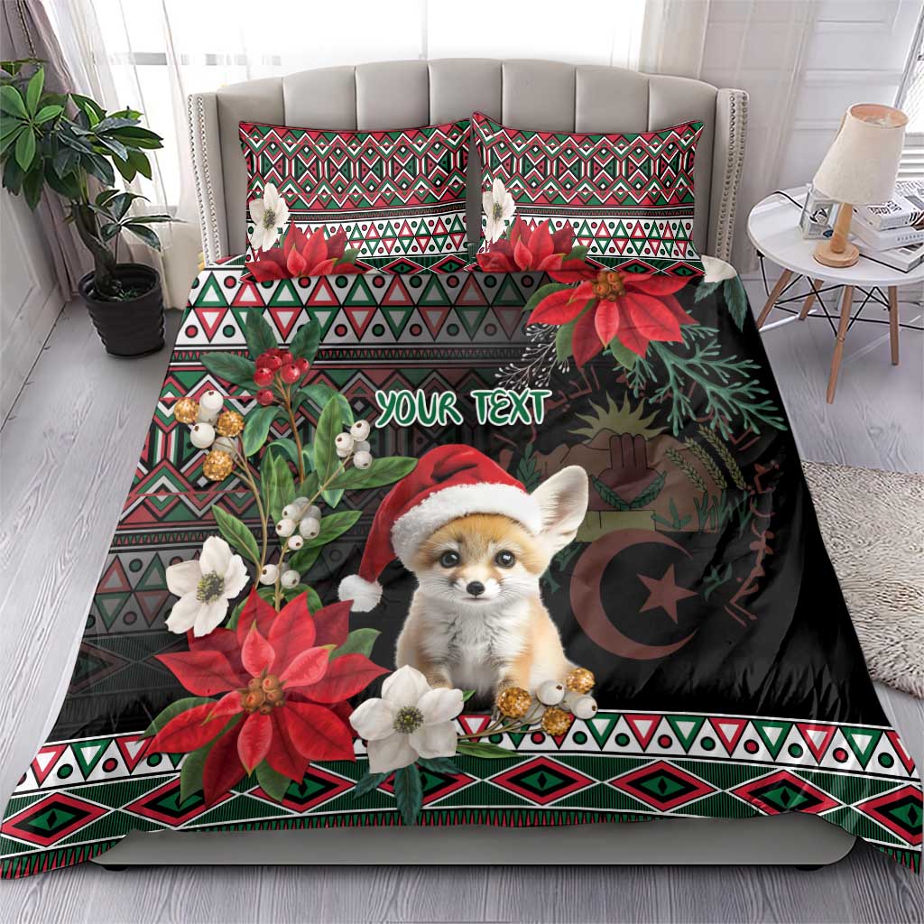 Black holiday duvet and pillow set with fennec Santa, poinsettias, moon, and red-green pattern border