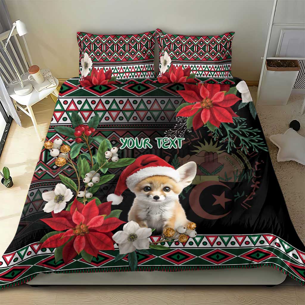 Black holiday bedding set with fennec Santa, poinsettias, moon, and colorful geometric pattern