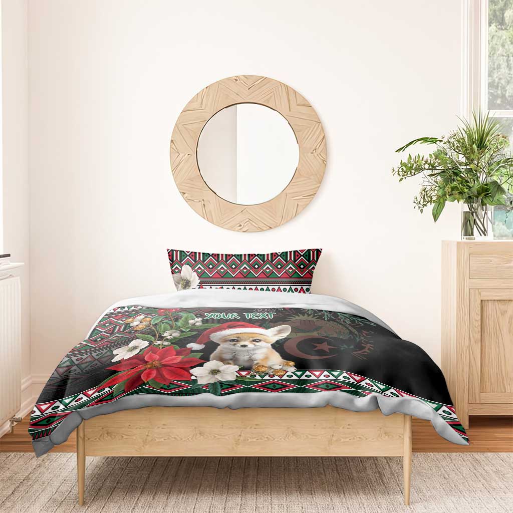 Black holiday duvet with fennec Santa, poinsettias, moon, and red-green patterned border
