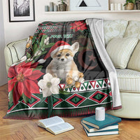 Personalized Christmas blanket with fennec fox in Santa hat, red flowers, geometric border