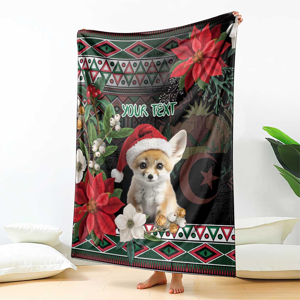 Personalized blanket featuring fennec fox Santa hat, poinsettias, dark background, custom text