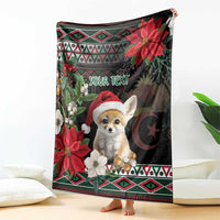 Personalized blanket featuring fennec fox Santa hat, poinsettias, dark background, custom text
