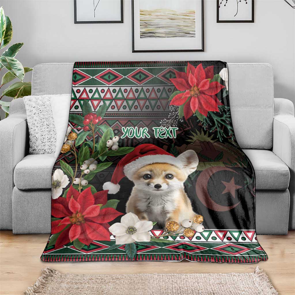 Personalized Christmas throw blanket with fennec fox Santa hat, red flowers, geometric trim
